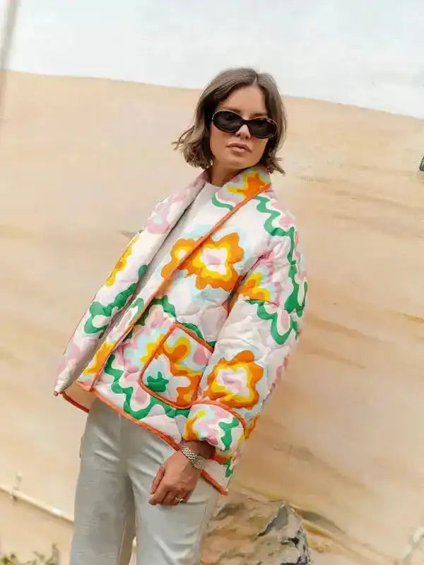 Floral Print Quilted Sleeveless Jacket - Fashionfitz