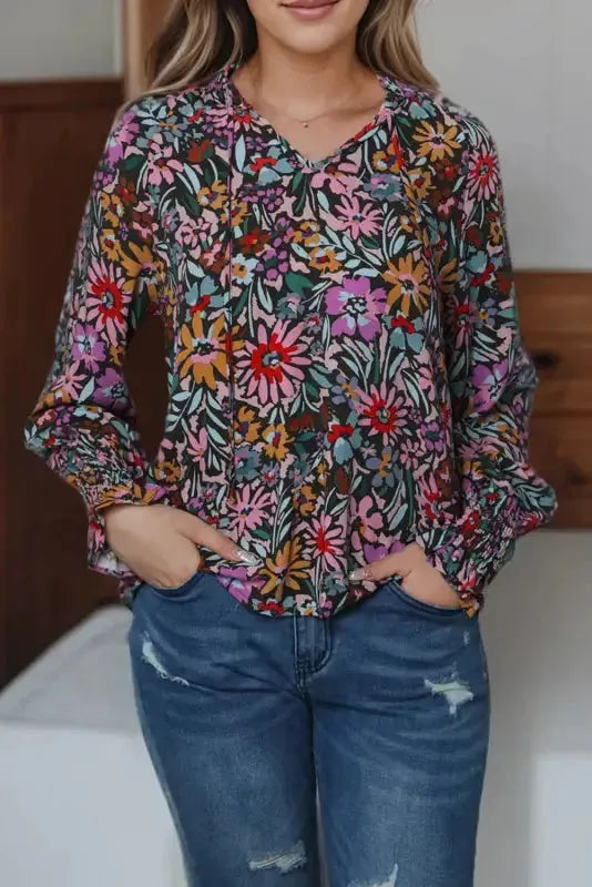 Floral Ruffled Sleeve V-Neck Blouse - Fashionfitz