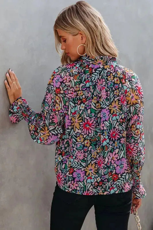 Floral Ruffled Sleeve V-Neck Blouse - Fashionfitz