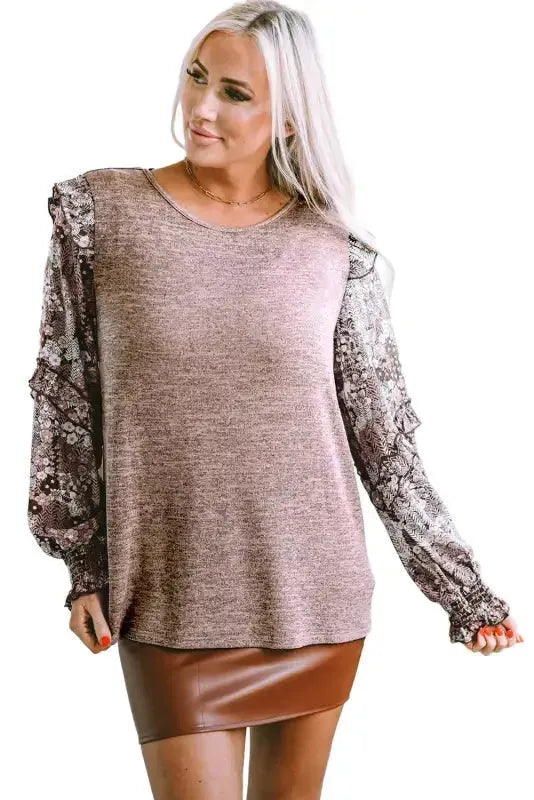Floral Sleeve Crew Neck Blouse - Fashionfitz