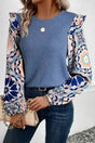 Floral Sleeve Waffle Knit Ruffle Blouse Women UK in ashleigh blue — front view showing waffle knit body with contrasting floral sleeves — Fashionfitz