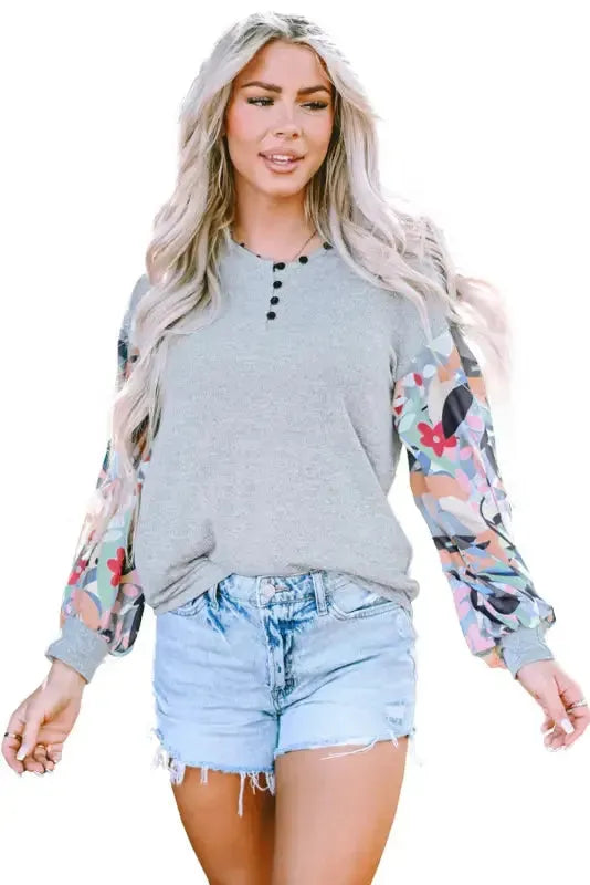 Floral-Sleeves Buttoned V-Neck Top - Gray - Fashionfitz