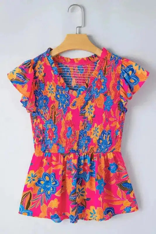 Floral Smocked Blouse - Ruffle Trim Flutter Sleeve - Fashionfitz