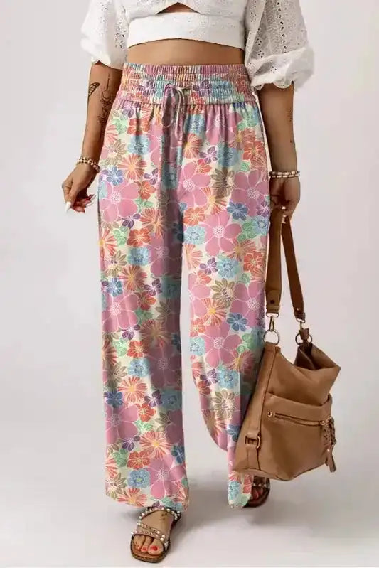 Floral Smocked Waist Loose Pants - Fashionfitz