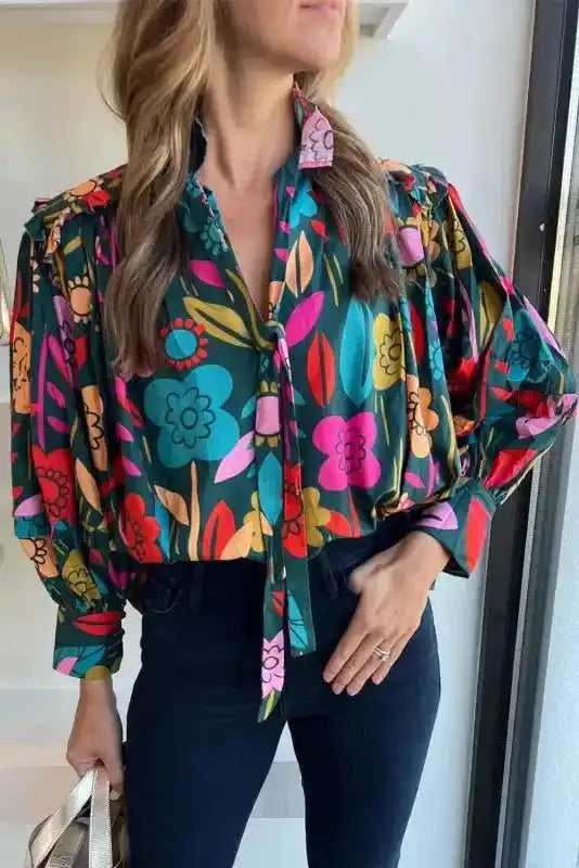 Floral Split Neck Puff Sleeve Blouse - Fashionfitz