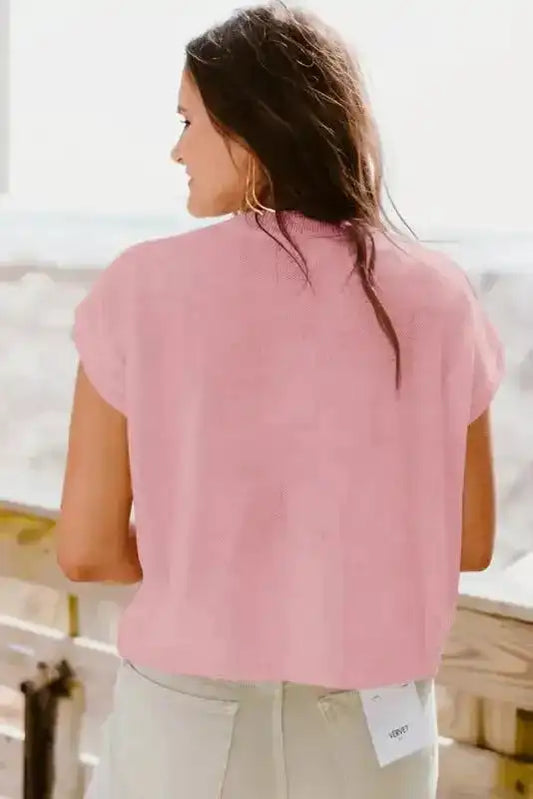 Flower Knit Top - Short Sleeve Pink Multi Crochet Sweater - Fashionfitz