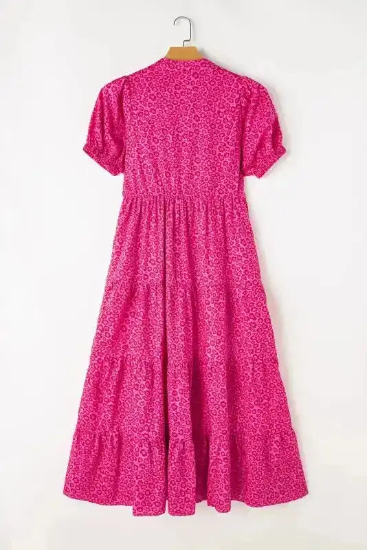 Flower Maxi Dress - Rose Red Mock Neck Puff Sleeve Tiered - Fashionfitz