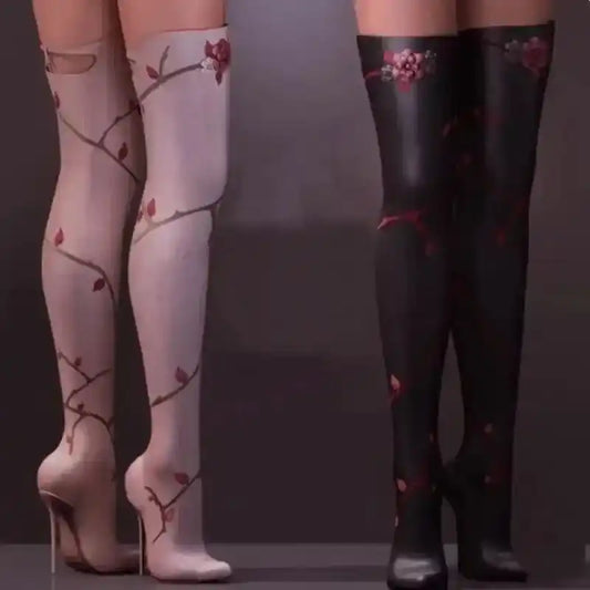 Flower Over The Knee Leather Boots - Fashionfitz