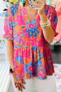 Rose Abstract Smocked Flowy Blouse Women UK — front view showing vibrant rose abstract print and smocked waist — Fashionfitz