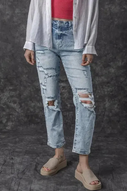 Frayed Slim Fit High Waist Jeans - Fashionfitz