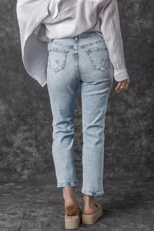 Frayed hem slim fit high waist jeans back view — Fashionfitz UK