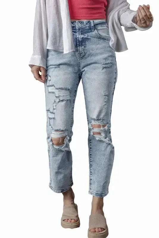 Frayed Slim Fit High Waist Jeans - Fashionfitz