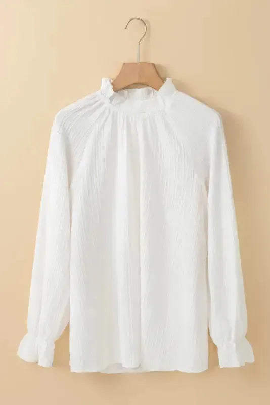 Frilled Mock Neck Ripple Bubble Sleeve Blouse - Fashionfitz