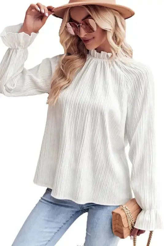 Frilled Mock Neck Ripple Bubble Sleeve Blouse - Fashionfitz
