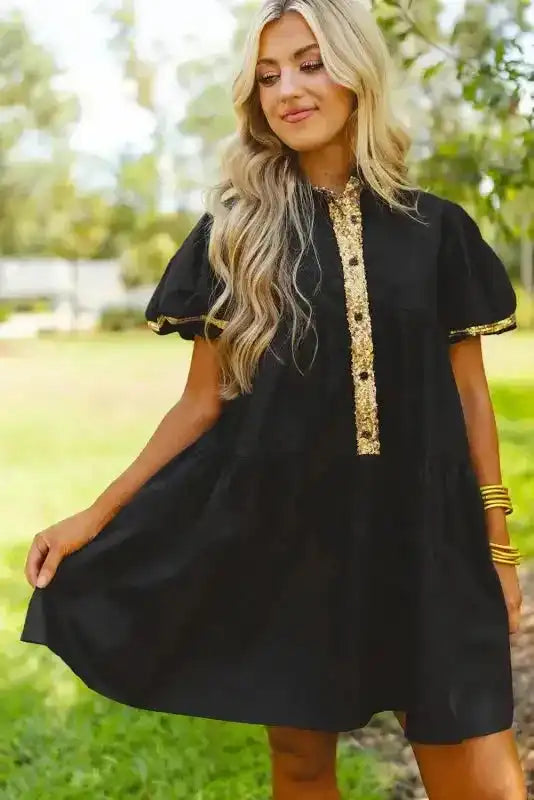 Black sequin trim shirt mini dress back view — Fashionfitz UK