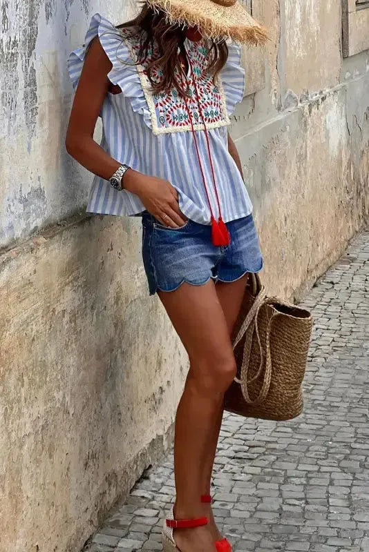 Geo Embroidered Tassel Blouse - Sky Blue Stripe - Fashionfitz