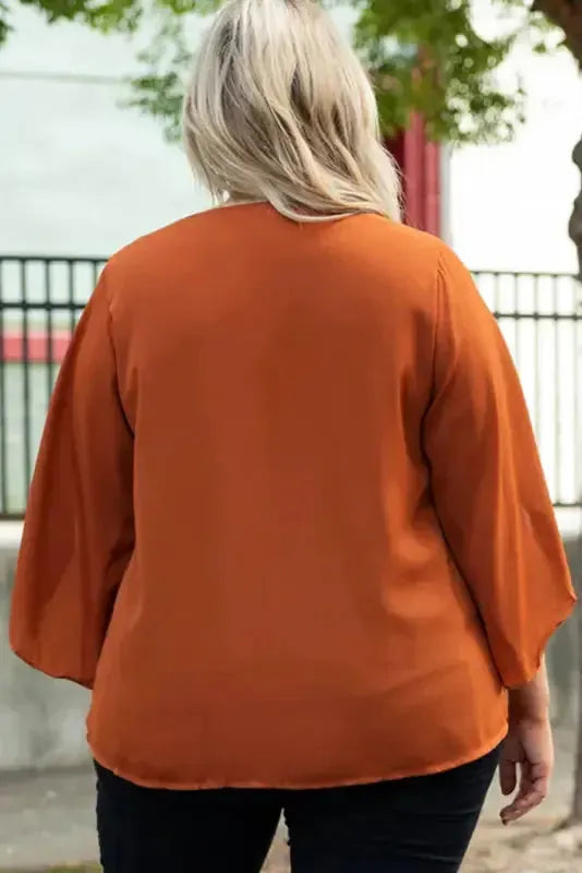 Gold Flame Plus Size Solid Wrapped Ruffled Sleeve V Neck Blouse - Fashionfitz