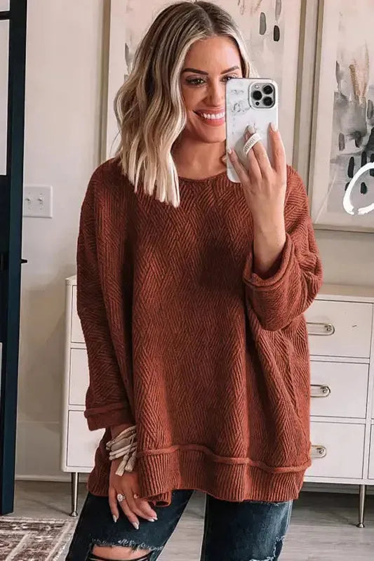 Gold Flame Solid Color Textured Crew Neck Loose Sweater - Fashionfitz