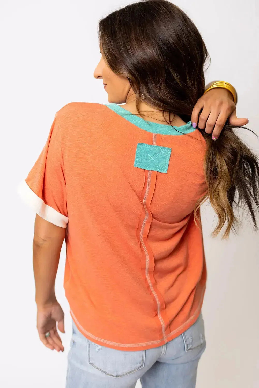 Grapefruit Orange Contrast Trim Exposed Seam V Neck T-shirt - Fashionfitz