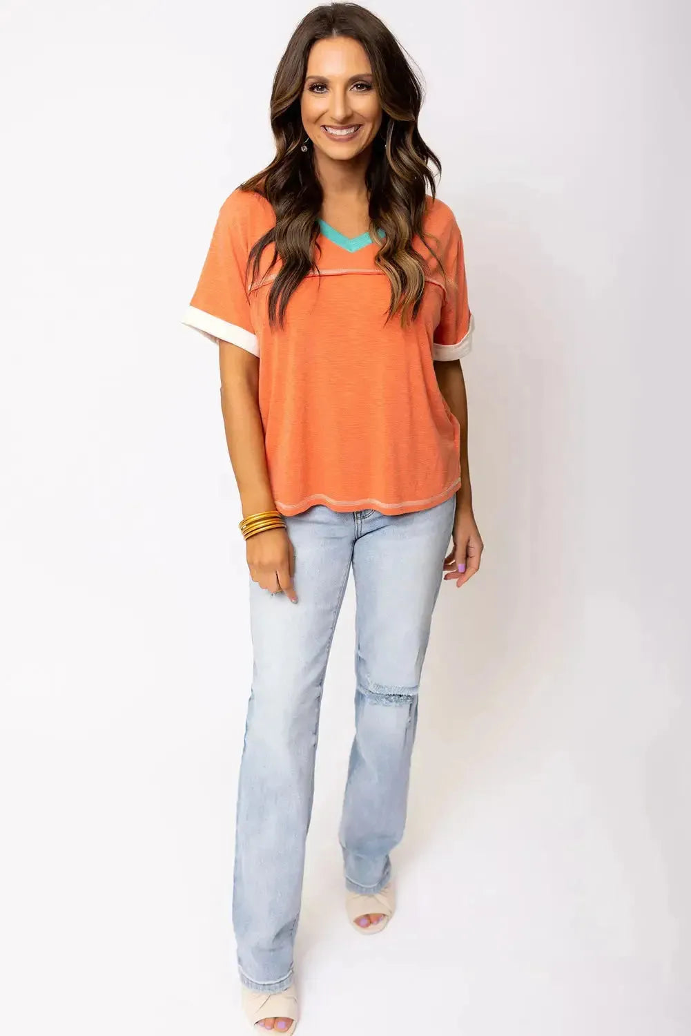 Grapefruit Orange Contrast Trim Exposed Seam V Neck T-shirt - Fashionfitz