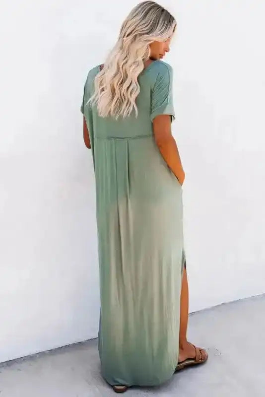 Grass green maxi T-shirt dress side splits back view — Fashionfitz UK