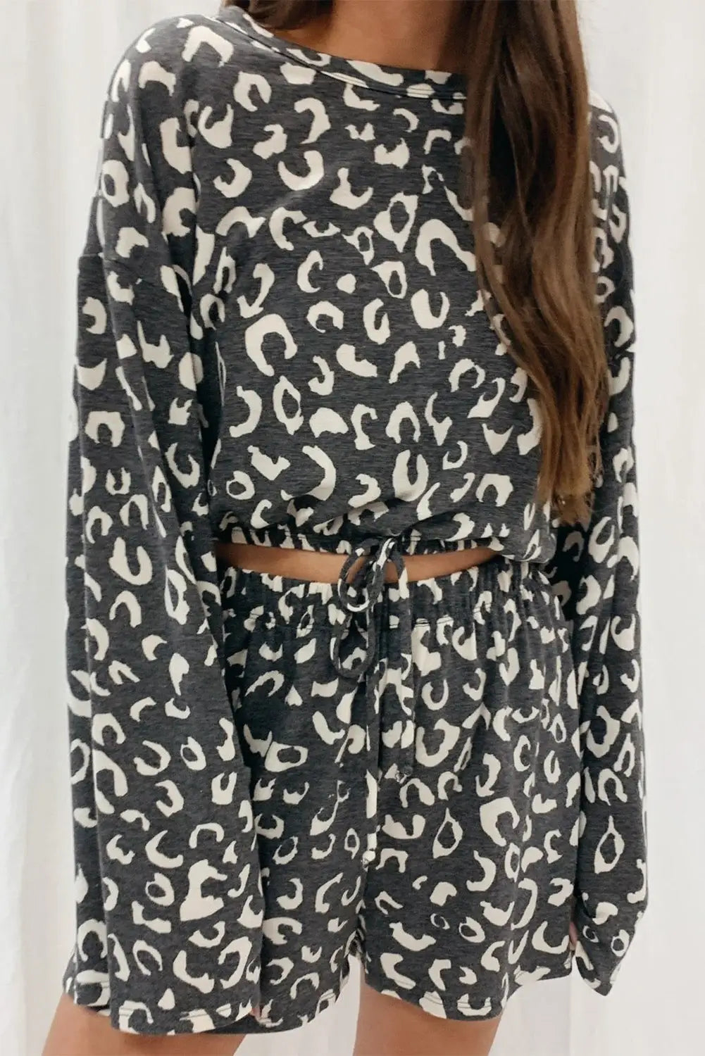 Gray animal print long sleeves pullover and shorts lounge