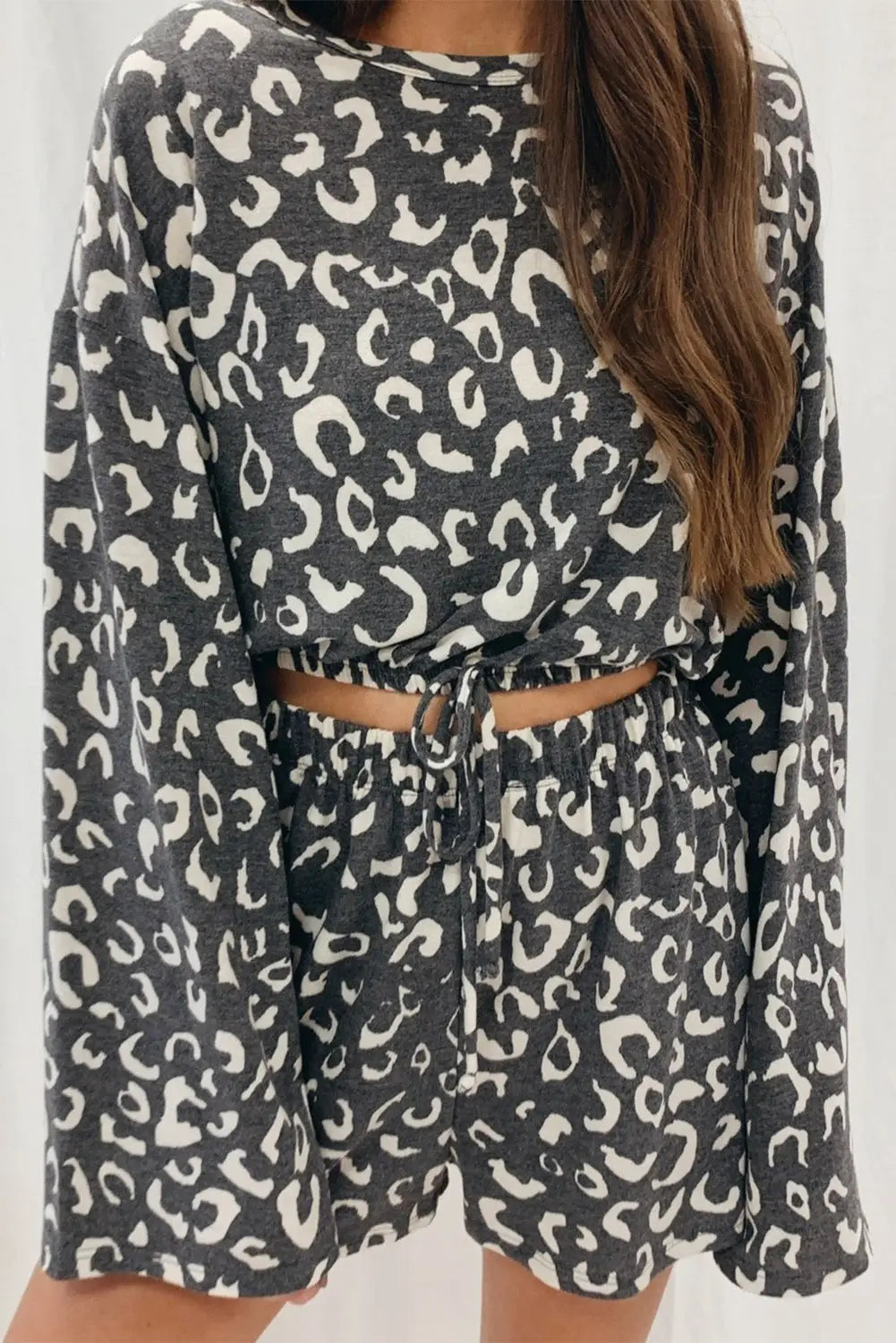 Gray animal print long sleeves pullover and shorts lounge