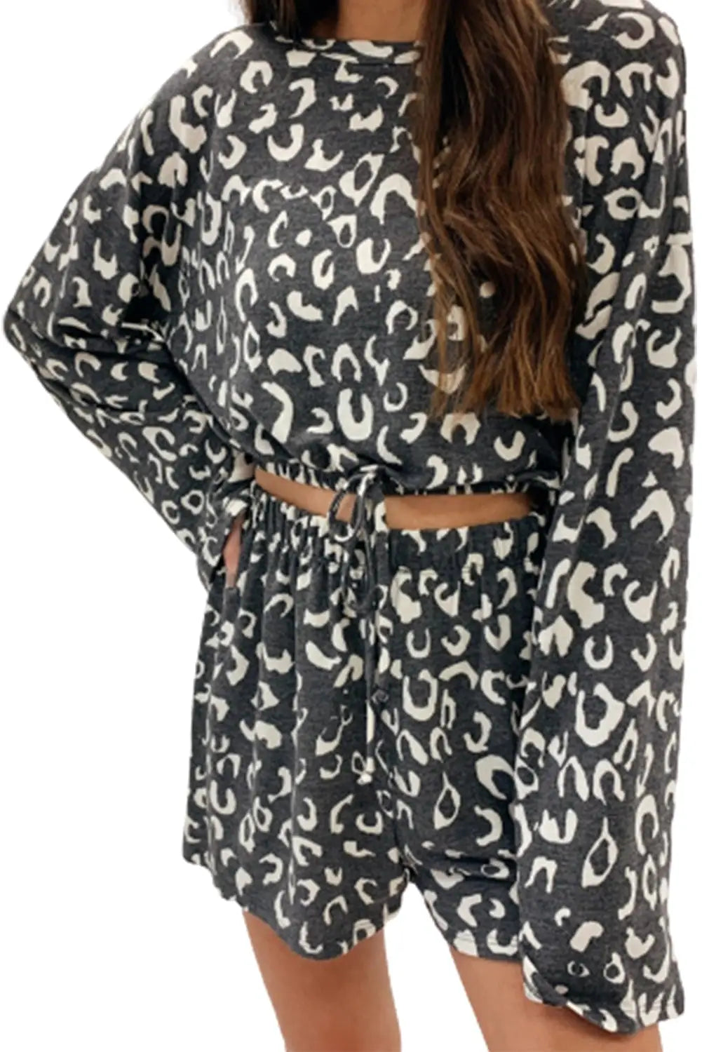 Gray animal print long sleeves pullover and shorts lounge