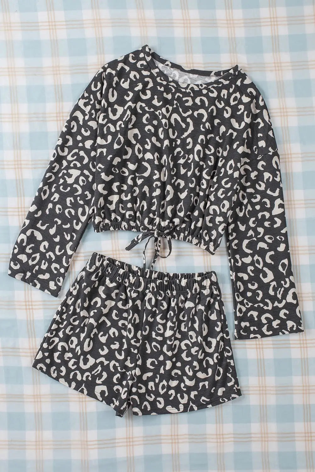 Gray animal print long sleeves pullover and shorts lounge