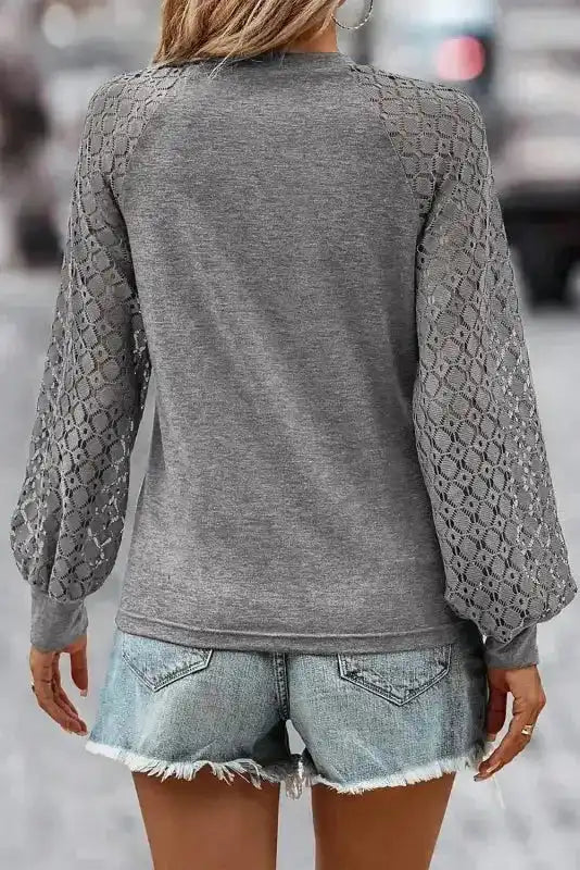 Gray Contrast Lace Raglan Sleeve Plicated Knit Top - Fashionfitz