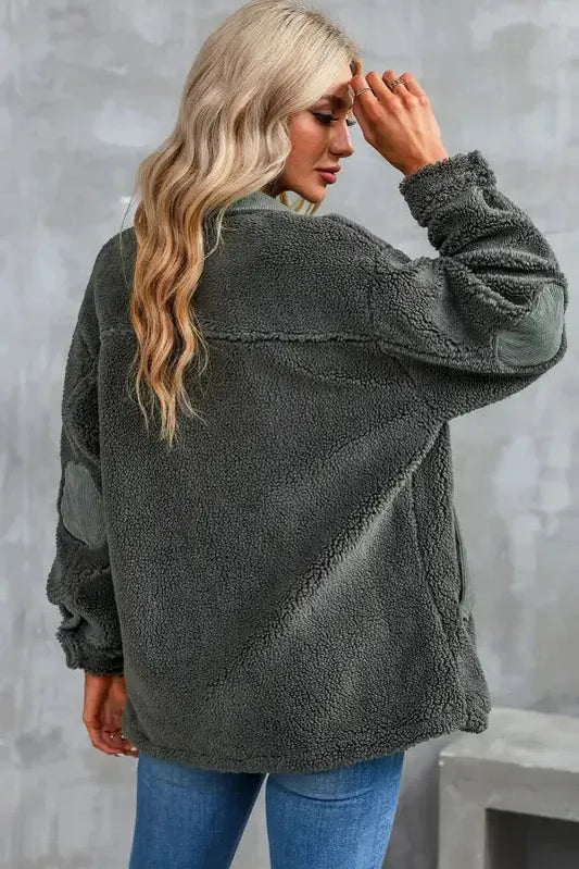 Gray Corduroy Trim Elbow Patch Sherpa Jacket - Fashionfitz