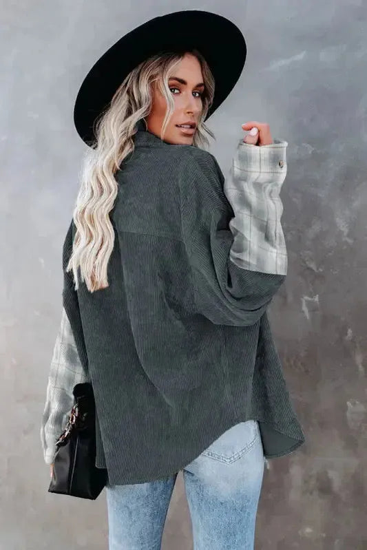 Gray Plaid Oversize Corduroy Shirt - Fashionfitz