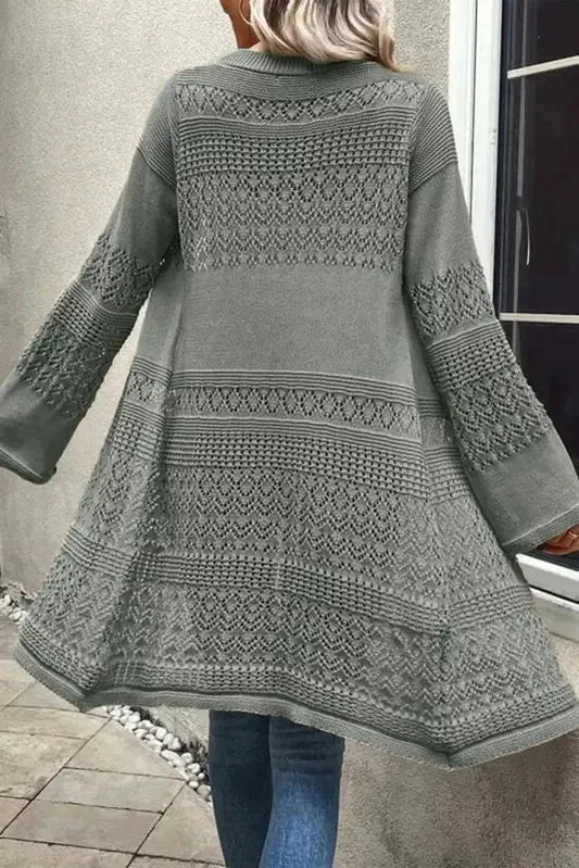 Gray Pointelle Knit Open Front Cardigan - Fashionfitz
