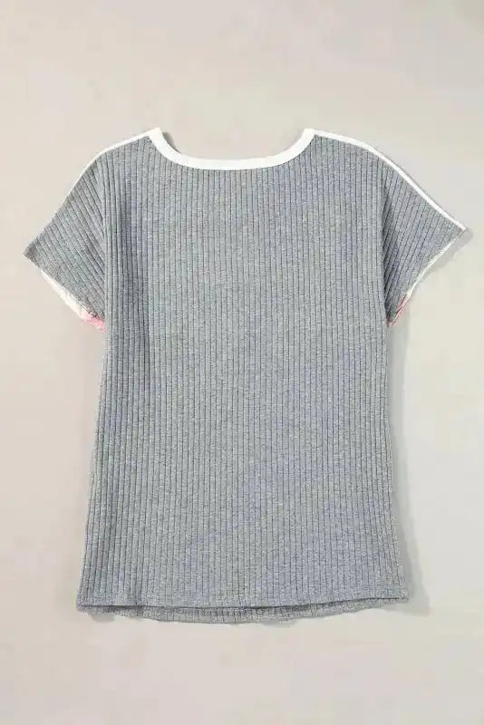 Gray Ribbed Color Block Patchwork T-shirt - Fashionfitz