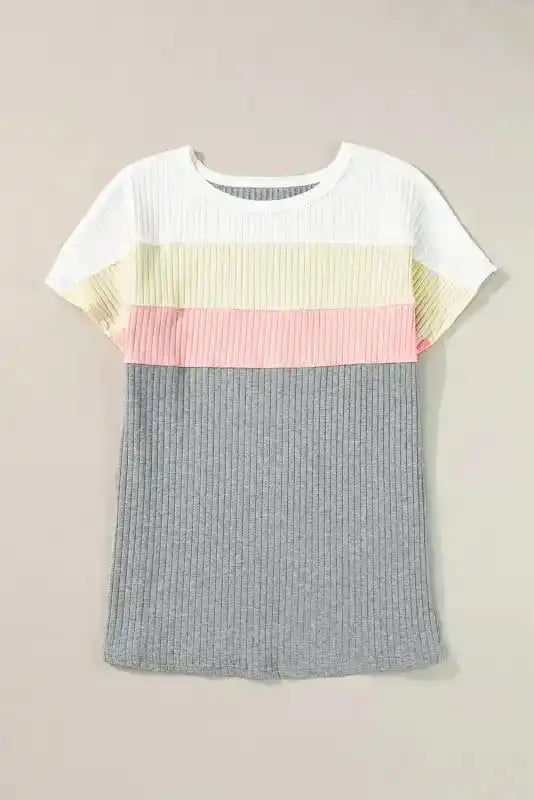Gray Ribbed Color Block Patchwork T-shirt - Fashionfitz