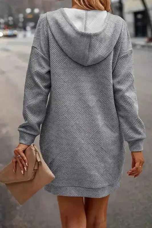 Back view of Gray Textured Kangaroo Pocket Drawstring Hooded Mini Dress showing hood and ribbed H-line silhouette for daily winter style.