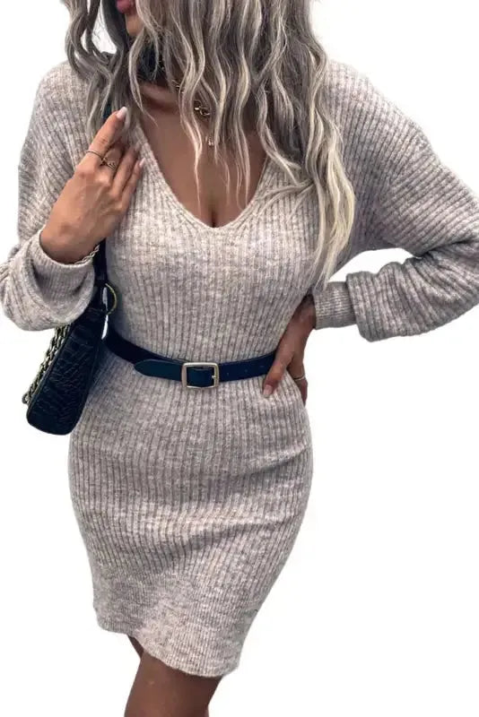 Gray V Neck Bodycon Sweater Dress - Fashionfitz