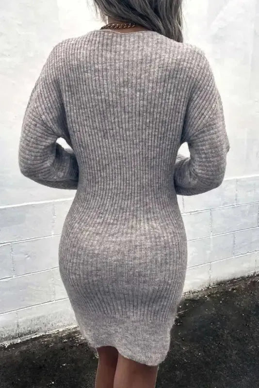 Gray V Neck Bodycon Sweater Dress - Fashionfitz