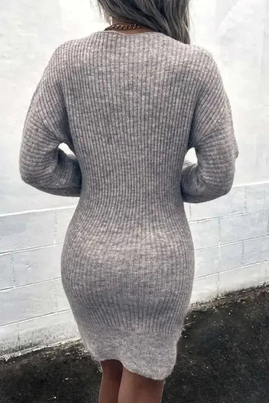 Gray V Neck Bodycon Sweater Dress - Fashionfitz