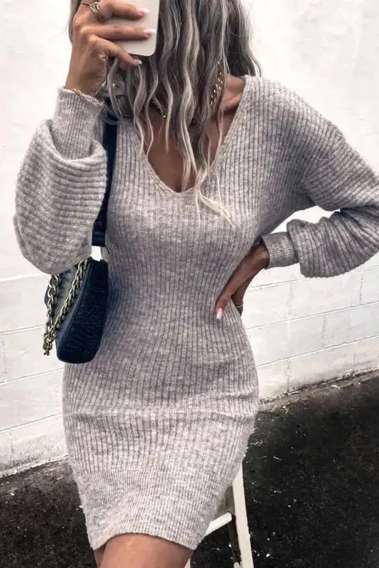 Gray V Neck Bodycon Sweater Dress - Fashionfitz