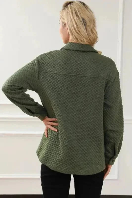 Green Color Block Patchwork Flap Pocket Quilted Shacket - Fashionfitz