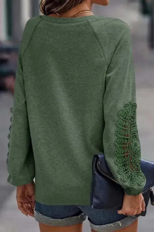 Green Crochet Lace Patch Raglan Sleeve Top - Fashionfitz