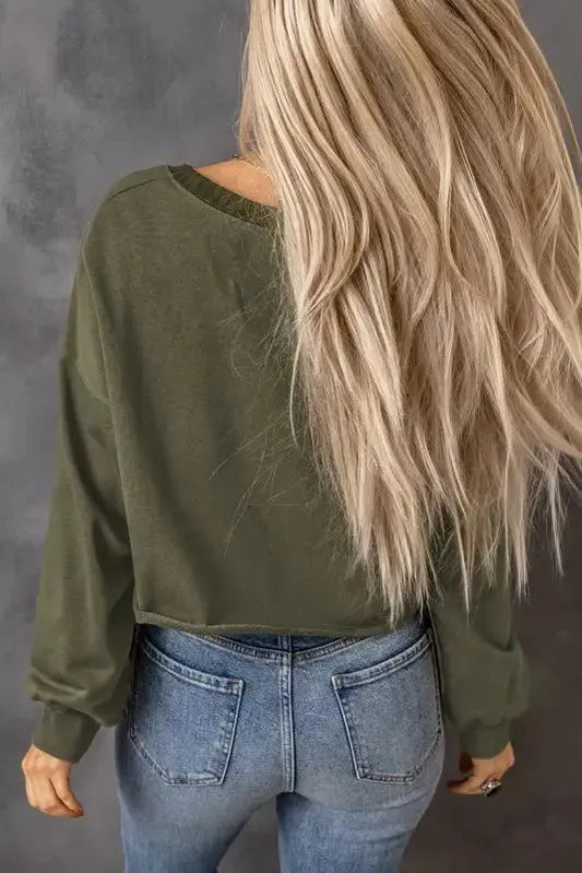 Green Drop Shoulder Cropped Sweatshirt - Fashionfitz