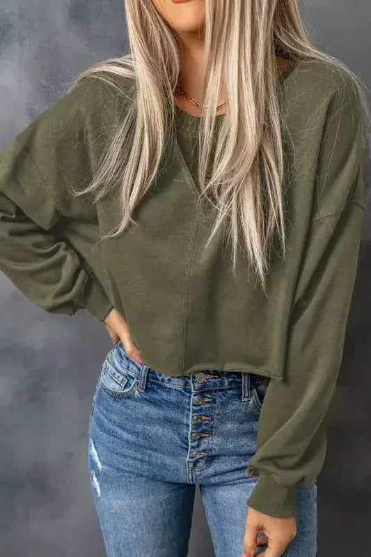 Green Drop Shoulder Cropped Sweatshirt - Fashionfitz