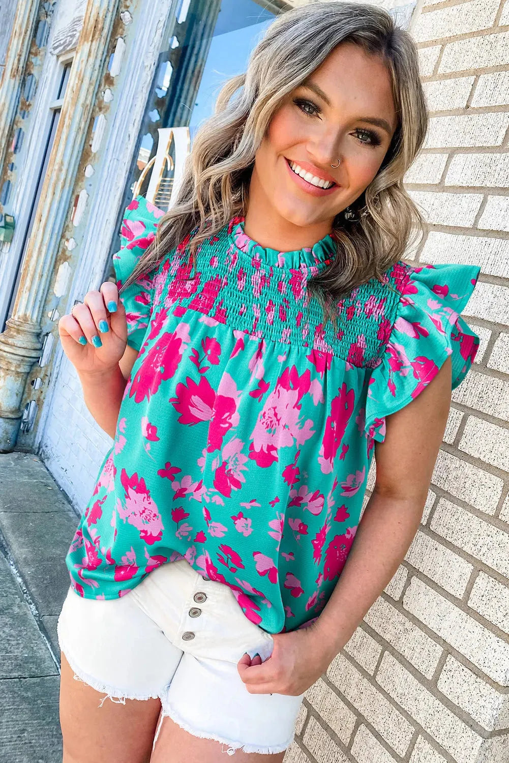Green Floral Flutter Sleeve Ruched Blouse - Fashionfitz