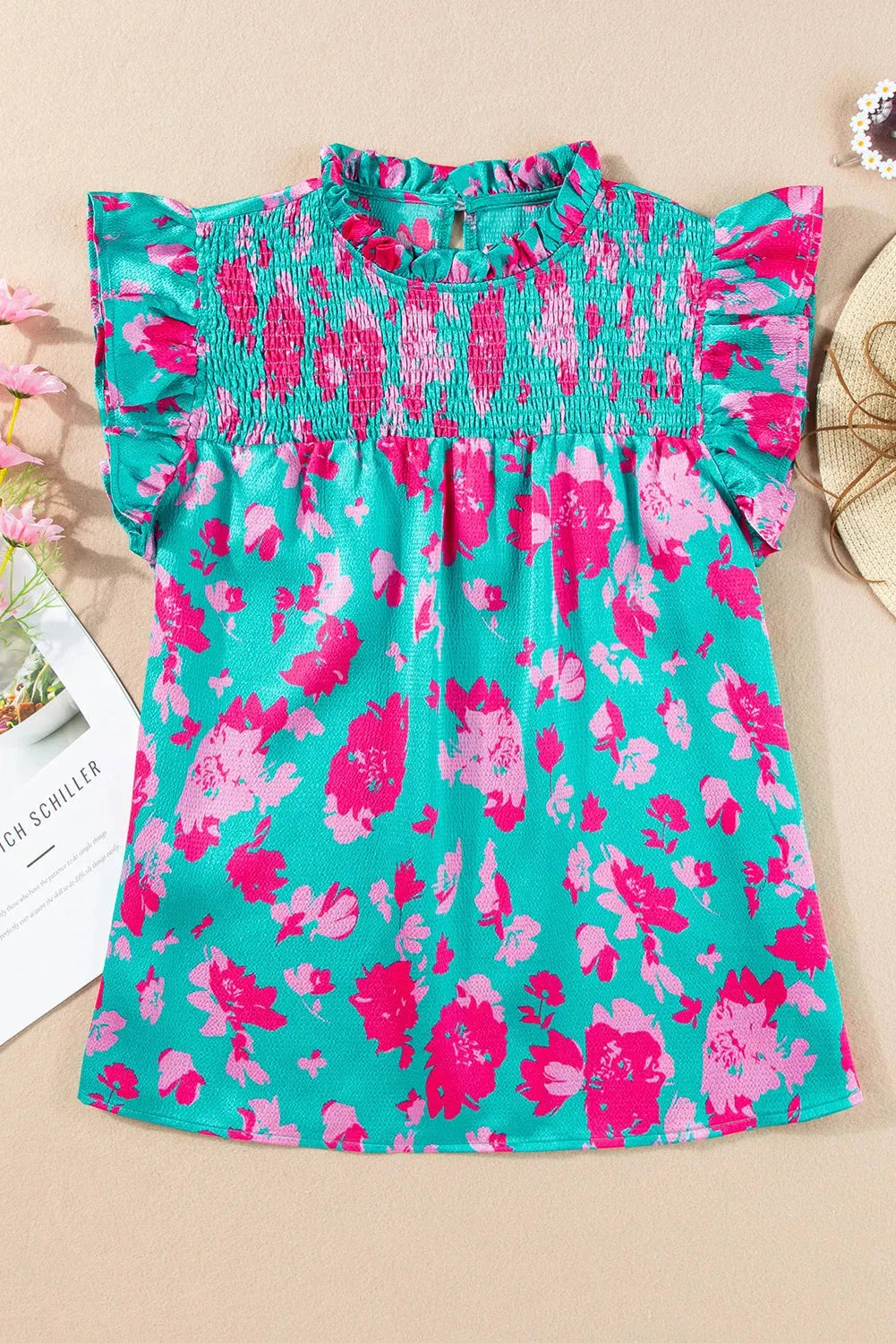 Green Floral Flutter Sleeve Ruched Blouse - Fashionfitz