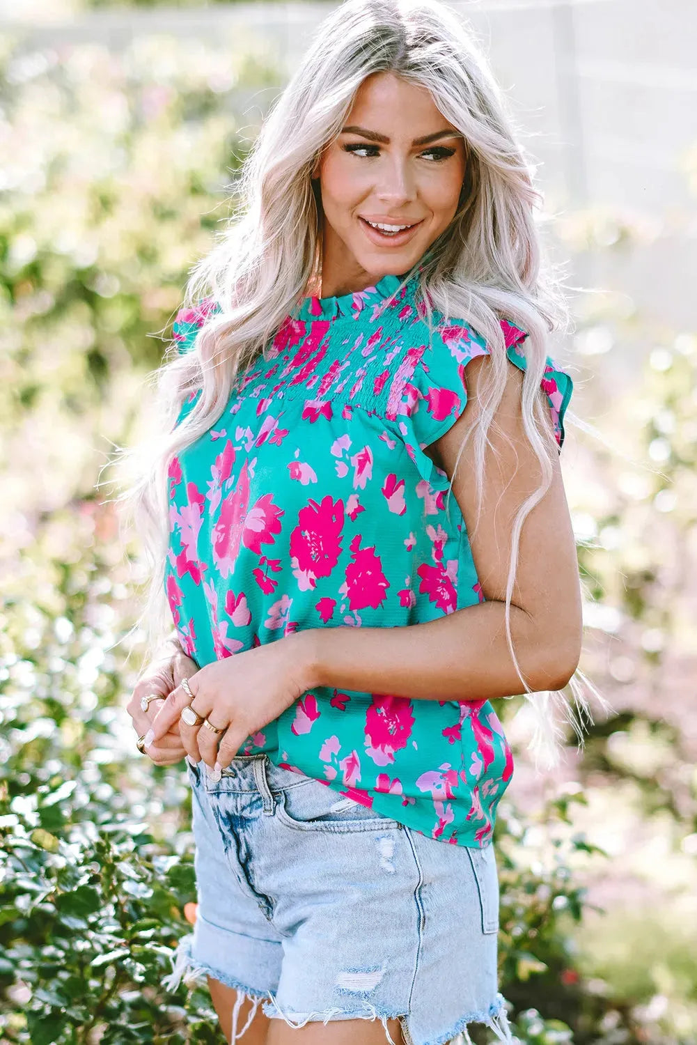 Green Floral Flutter Sleeve Ruched Blouse - Fashionfitz