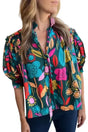 Floral Print V-Neck Puff Sleeve Cotton Blouse Women UK in green floral — front view showing V-neckline and puff sleeves — Fashionfitz