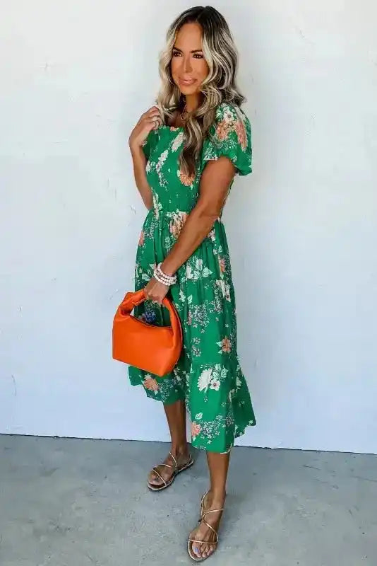 Green Floral Smocked Tiered Midi Dress - Fashionfitz