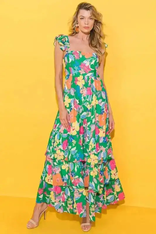 Green Floral Tiered Maxi Dress - Sleeveless Ruffled - Fashionfitz
